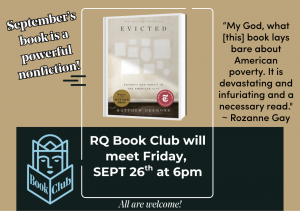 book title Evicted : Poverty and Profit in the American City Matthew Desmond and book club date of sept 26th at 6pm