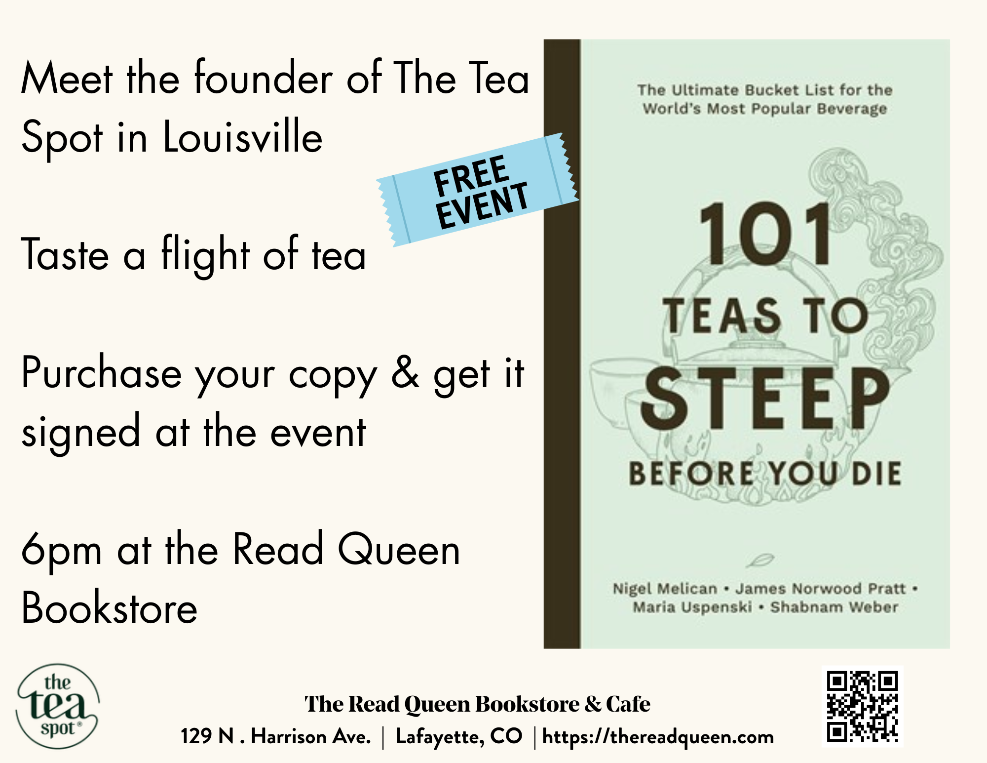 Book Launch event titled 101 Teas to Steep Before You Die