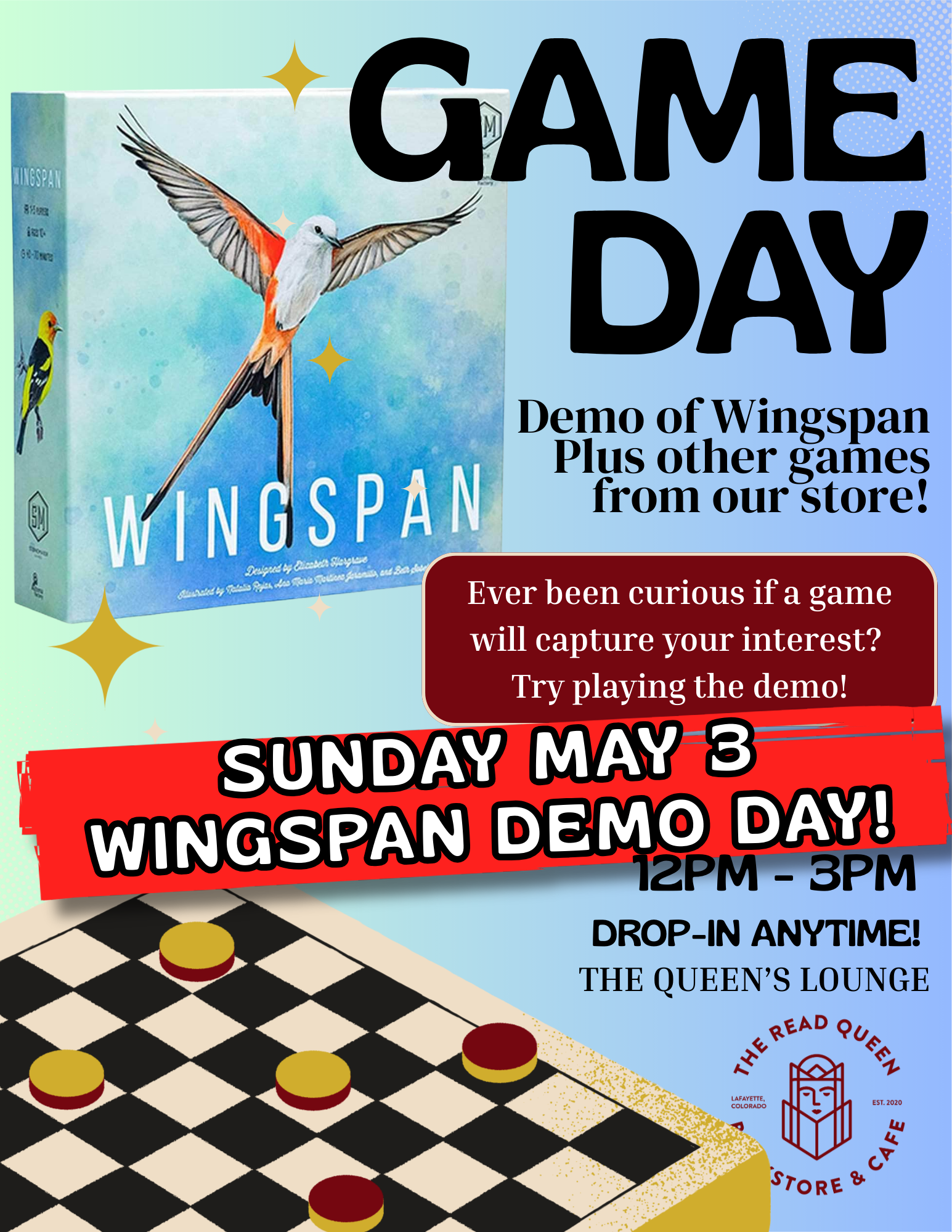 chess board, Wingspan board game on a blue background