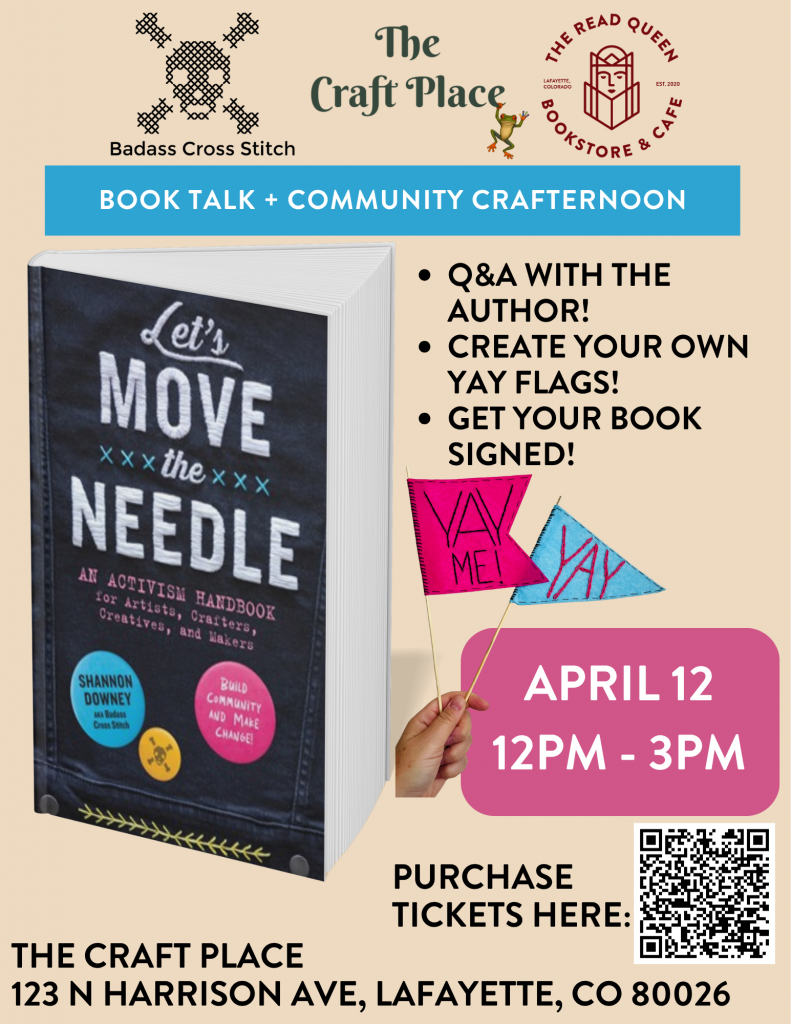 Book called Move The Needle, hand holding small Yay flags, QR code for event